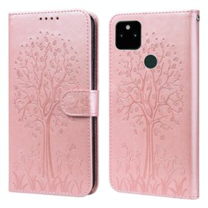 For Google Pixel 5a 5G Tree & Deer Pattern Pressed Printing Horizontal Flip Leather Phone Case(Pink) (OEM)