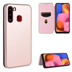 For Samsung Galaxy A21(Eurasian Version) Carbon Fiber Texture Horizontal Flip TPU + PC + PU Leather Case with Rope & Card Slot(Pink) (OEM)