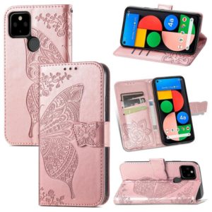 For Google Pixel 5A Butterfly Love Flower Embossed Horizontal Flip Leather Case with Bracket & Card Slot & Wallet & Lanyard(Rose Gold) (OEM)