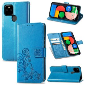 For Google Pixel 5A Four-leaf Clasp Embossed Buckle Mobile Phone Protection Leather Case with Lanyard & Card Slot & Wallet & Bracket Function(Blue) (OEM)