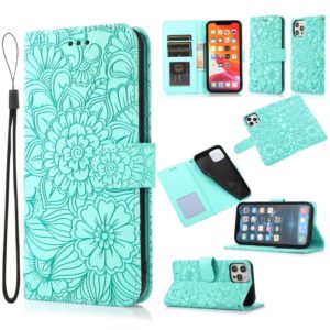 For iPhone 12 Pro Max Skin Feel Embossed Sunflower Horizontal Flip Leather Case with Holder & Card Slots & Wallet & Lanyard(Green) (OEM)