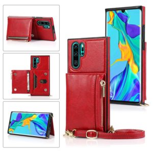 For Huawei P30 Pro Square Zipper Wallet Bag TPU+PU Back Cover Case with Holder & Card Slots & Wallet & Cross-body Strap(Red) (OEM)