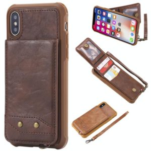 For iPhone X / XS Vertical Flip Shockproof Leather Protective Case with Short Rope, Support Card Slots & Bracket & Photo Holder & Wallet Function(Coffee) (OEM)