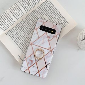 For Galaxy S10e Plating Colorful Geometric Pattern Mosaic Marble TPU Mobile Phone Case Rhinestone Stand Ring(White PR3) (OEM)