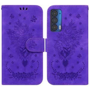 For Motorola Edge 2021 Butterfly Rose Embossed Leather Phone Case(Purple) (OEM)