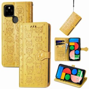 For Google Pixel 5a 5G Lovely Cat and Dog Embossing Pattern Horizontal Flip Leather Case , with Holder & Card Slots & Wallet & Cartoon Clasp & Lanyard(Yellow) (OEM)