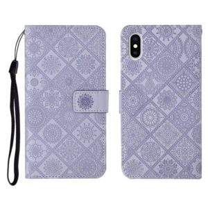 For iPhone X / XS Ethnic Style Embossed Pattern Horizontal Flip Leather Case with Holder & Card Slots & Wallet & Lanyard(Purple) (OEM)