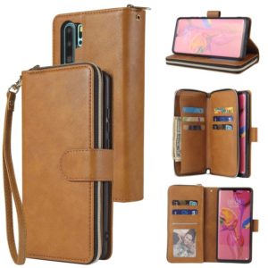 For Huawei P30 Pro Zipper Wallet Bag Horizontal Flip PU Leather Case with Holder & 9 Card Slots & Wallet & Lanyard & Photo Frame(Brown) (OEM)