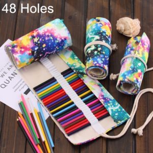 48 Slots Starry Sky Print Pen Bag Canvas Pencil Wrap Curtain Roll Up Pencil Case Stationery Pouch (OEM)