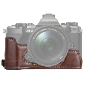 1/4 inch Thread PU Leather Camera Half Case Base for Olympus EM5 / EM5 Mark II (Coffee) (OEM)