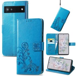 For Google Pixel 6a Four-leaf Clasp Embossed Buckle Leather Phone Case(Blue) (OEM)