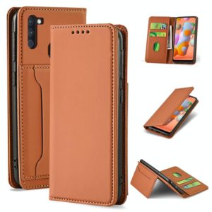 For Samsung Galaxy A11 Strong Magnetism Liquid Feel Horizontal Flip Leather Case with Holder & Card Slots & Wallet(Brown) (OEM)