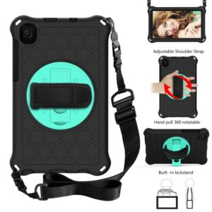 For Samsung Galaxy Tab A7 Lite 8.7 2021 T220 / T225 360 Degree Rotation Honeycomb Shockproof Silicone PC Protective Case with Holder & Shoulder Strap & Hand Strap(Black Mint Green) (OEM)