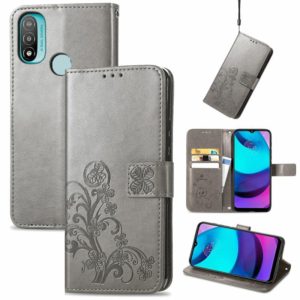 For Motorola Moto E20 Four-leaf Clasp Embossed Leather Case with Lanyard & Card Slot & Wallet & Holder(Grey) (OEM)