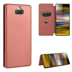 For Sony Xperia 10 Carbon Fiber Texture Horizontal Flip TPU + PC + PU Leather Case with Card Slot(Brown) (OEM)