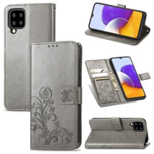 For Samsung Galaxy A22 4G Four-leaf Clasp Embossed Buckle Mobile Phone Protection Leather Case with Lanyard & Card Slot & Wallet & Bracket Function(Grey) (OEM)