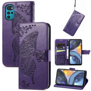 For Motorola Moto G22 Butterfly Love Flower Embossed Leather Phone Case(Dark Purple) (OEM)
