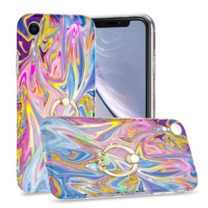 For iPhone XR Laser Glitter Watercolor Pattern Shockproof Protective Case with Ring Holder(FD1) (OEM)