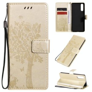 For Sony Xperia 10 II Tree & Cat Embossed Pattern Horizontal Flip Leather Case with Holder & Card Slots & Wallet & Lanyard(Gold) (OEM)