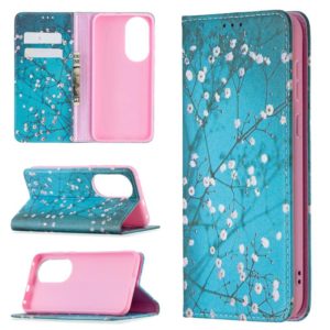 For Huawei P50 Colored Drawing Pattern Invisible Magnetic Horizontal Flip PU Leather Case with Holder & Card Slots & Wallet(Plum Blossom) (OEM)
