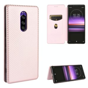 For Sony Xperia 1 Carbon Fiber Texture Horizontal Flip TPU + PC + PU Leather Case with Card Slot(Pink) (OEM)