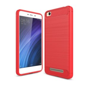 For Xiaomi Redmi 4A Brushed Texture Carbon Fiber Shockproof TPU Rugged Armor Protective Case (Red) (OEM)