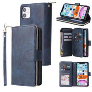 For iPhone 11 Zipper Wallet Bag Horizontal Flip PU Leather Case with Holder & 9 Card Slots & Wallet & Lanyard & Photo Frame(Blue) (OEM)