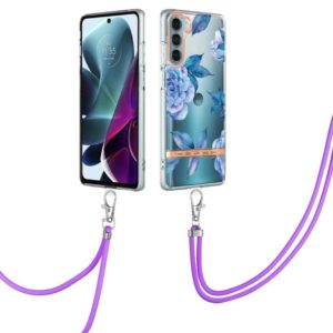 For Motorola Moto G200 Flowers Series TPU Phone Case with Lanyard(Blue Peony) (OEM)