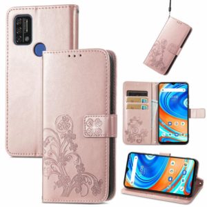For UMIDIGI A9 Four-leaf Clasp Embossed Buckle Mobile Phone Protection Leather Case with Lanyard & Card Slot & Wallet & Bracket Function(Rose Gold) (OEM)