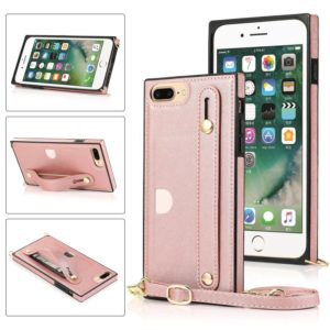 For iPhone 8 Plus / 7 Plus Wrist Strap PU+TPU Shockproof Protective Case with Crossbody Lanyard & Holder & Card Slot(Rose Gold) (OEM)