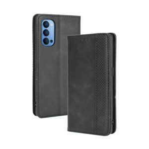 For OPPO Reno4 4G Magnetic Buckle Retro Crazy Horse Texture Horizontal Flip Leather Case , with Holder & Card Slots & Photo Frame(Black) (OEM)