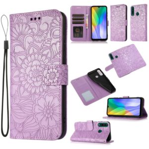 For Huawei Y6p Skin Feel Embossed Sunflower Horizontal Flip Leather Case with Holder & Card Slots & Wallet & Lanyard(Purple) (OEM)
