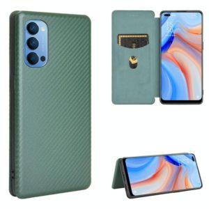 For OPPO Reno4 4G Carbon Fiber Texture Horizontal Flip TPU + PC + PU Leather Case with Card Slot(Green) (OEM)