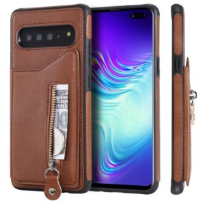 For Galaxy S10 5G Solid Color Double Buckle Zipper Shockproof Protective Case(Brown) (OEM)