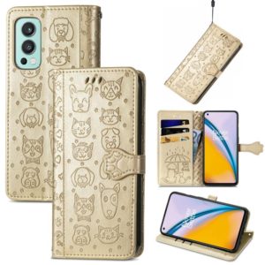 For OnePlus Nord 2 5G Lovely Cat and Dog Embossing Pattern Horizontal Flip Leather Case , with Holder & Card Slots & Wallet & Cartoon Clasp & Lanyard(Gold) (OEM)