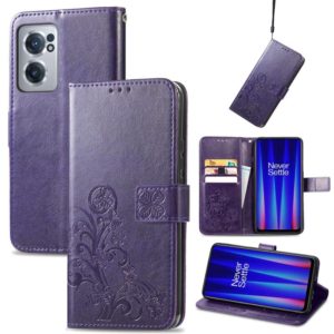For OnePlus Nord CE 2 5G Four-leaf Clasp Embossed Buckle Leather Phone Case(Purple) (OEM)