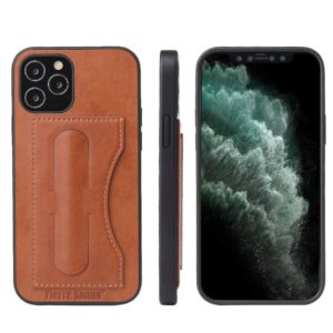 For iPhone 12 Pro Max Fierre Shann Full Coverage Protective Leather Case with Holder & Card Slot(Brown) (OEM)