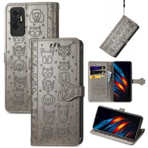 For Tecno Pova 2 Lovely Cat and Dog Embossing Pattern Horizontal Flip Leather Phone Case with Holder & Card Slots & Wallet & Cartoon Clasp & Lanyard(Grey) (OEM)