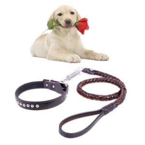 Cowhide Traction Belt Dog Collar Telescopic Dog Rope, Suitable For Medium and Large Dogs, M, Rope Length: 128cm Collar Size: 32-44cm(Black) (OEM)