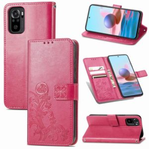 For Xiaomi Redmi Note 10 4G Four-leaf Clasp Embossed Buckle Mobile Phone Protection Leather Case with Lanyard & Card Slot & Wallet & Bracket Function(Rose Red) (OEM)
