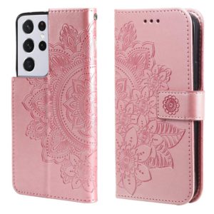 For Samsung Galaxy S21 Ultra 5G 7-petal Flowers Embossing Pattern Horizontal Flip PU Leather Case with Holder & Card Slots & Wallet & Photo Frame(Rose Gold) (OEM)
