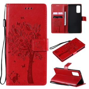 For Samsung Galaxy S20 FE 5G / S20 Lite Tree & Cat Pattern Pressed Printing Horizontal Flip PU Leather Case with Holder & Card Slots & Wallet & Lanyard(Red) (OEM)