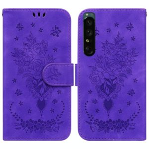 For Sony Xperia 1 IV Butterfly Rose Embossed Leather Phone Case(Purple) (OEM)
