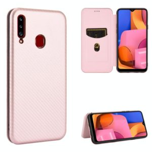 For Samsung Galaxy A20s Carbon Fiber Texture Horizontal Flip TPU + PC + PU Leather Case with Rope & Card Slot(Pink) (OEM)