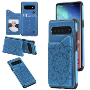 For Samsung Galaxy S10 Flower Embossing Pattern Shockproof Protective Case with Holder & Card Slots & Photo Frame(Blue) (OEM)
