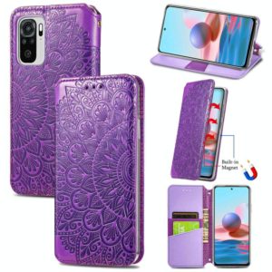 For Xiaomi Redmi Note 10 4G Blooming Mandala Embossed Pattern Magnetic Horizontal Flip Leather Case with Holder & Card Slots & Wallet(Purple) (OEM)