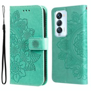For Tecno Camon 18 Premier 7-petal Flowers Embossed Flip Leather Phone Case(Green) (OEM)
