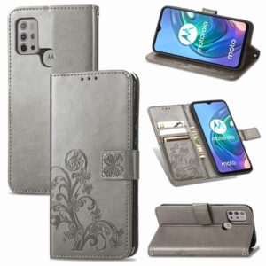 For Motorola Moto G10 , G30 Four-leaf Clasp Embossed Buckle Mobile Phone Protection Leather Case with Lanyard & Card Slot & Wallet & Bracket Function(Grey) (OEM)