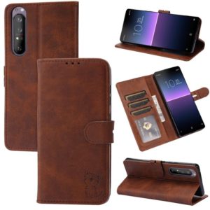 For Sony Xperia 1 III Embossed Happy Cat Pattern Horizontal Flip Leather Case with Holder & Card Slots & Wallet(Brown) (OEM)