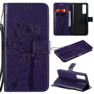 For Huawei Nova 7 Tree & Cat Embossed Pattern Horizontal Flip Leather Case with Holder & Card Slots & Wallet & Lanyard(Purple) (OEM)